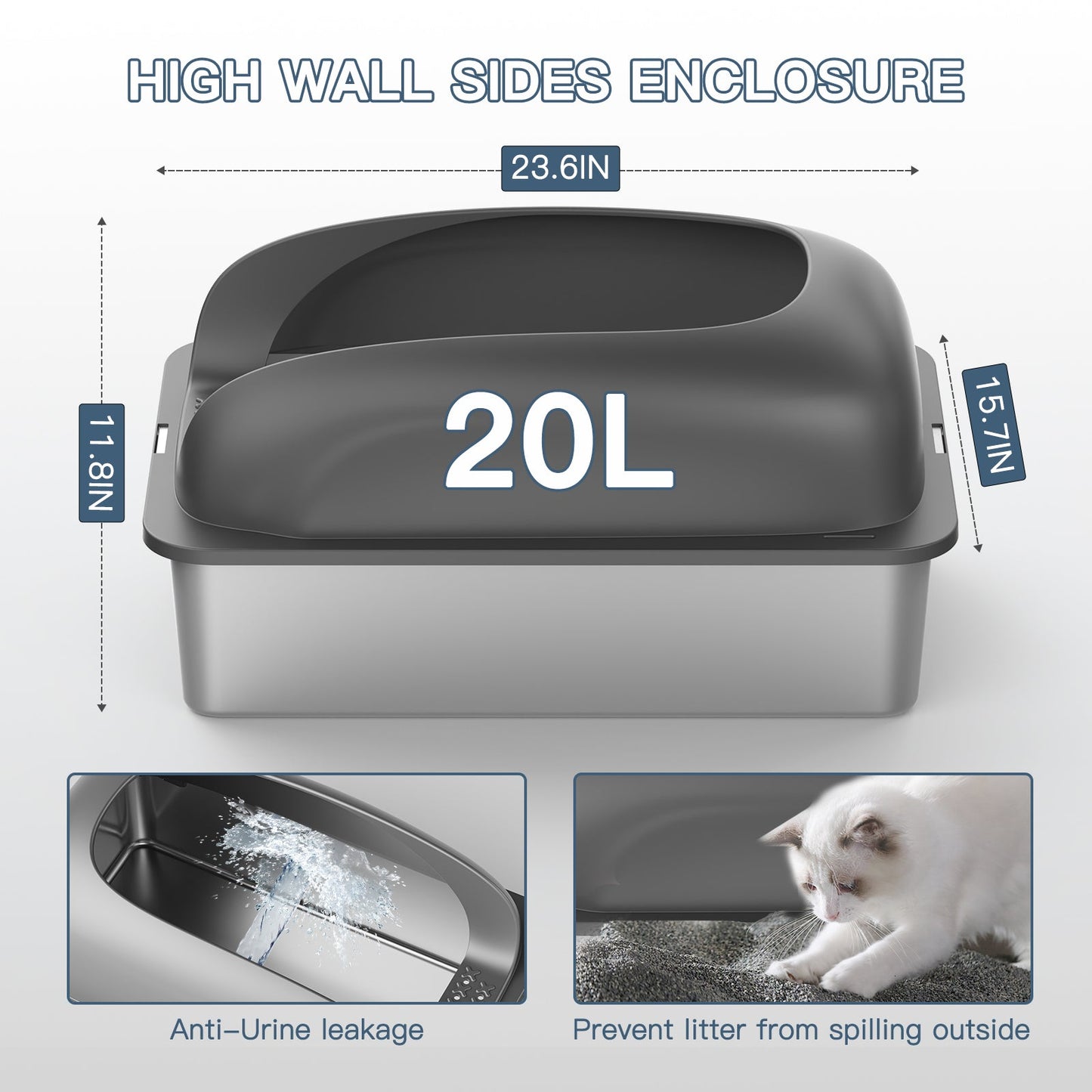 Pet Cat Litter Box Stainless Steel with 20L capability